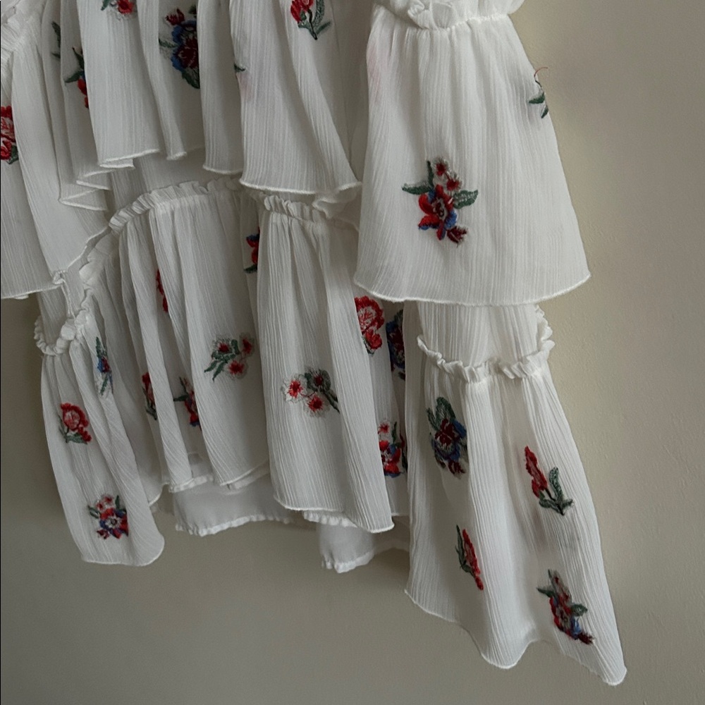 Zara Ivory Floral Whimsy Boho Embroidered Chiffon Tiered Lined Mini Dress Med - Picture 8 of 16